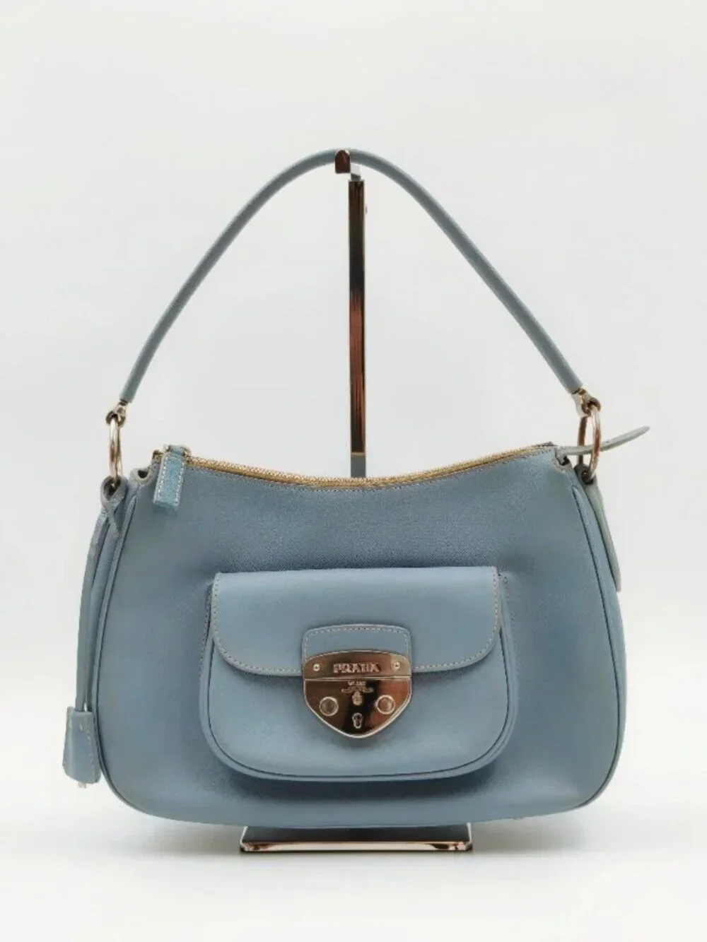 Prada Saffiano Lux Light Blue Leather Shoulder Bag Hobo Purse